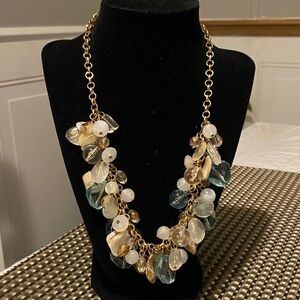 Gold Chain Statement Necklace with Blue, Cream and Clear Beads